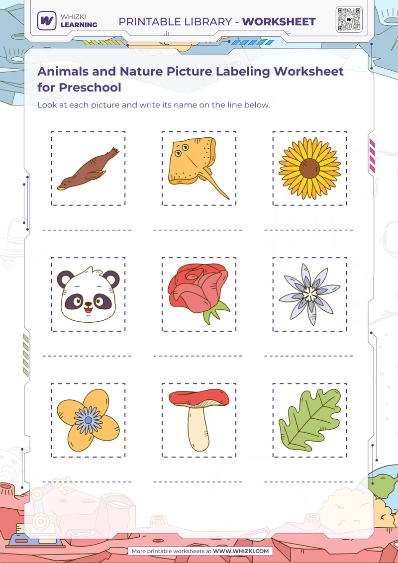 Animals and Nature Picture Labeling Worksheet for Preschool