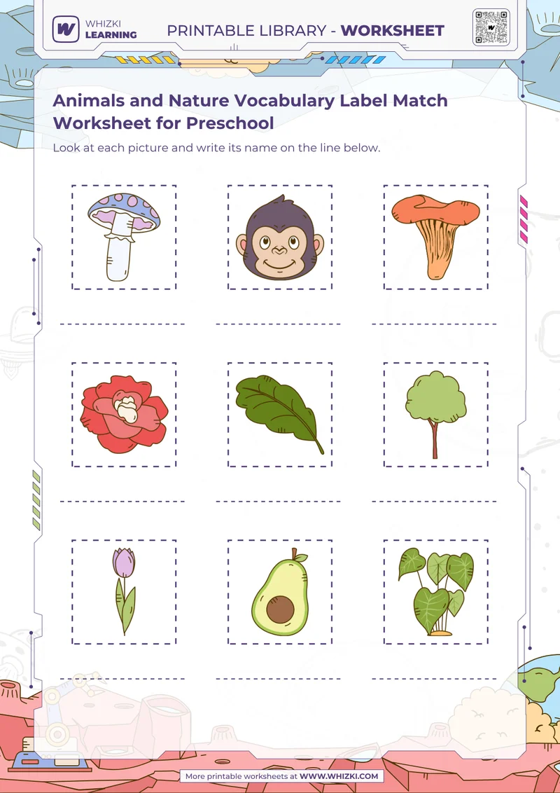 Animals and Nature Vocabulary Label Match Worksheet for Preschool