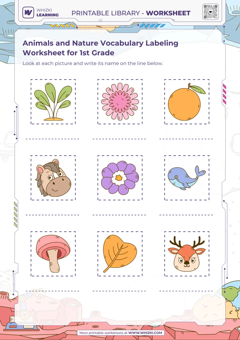 Animals and Nature Vocabulary Labeling Worksheet for 1st Grade