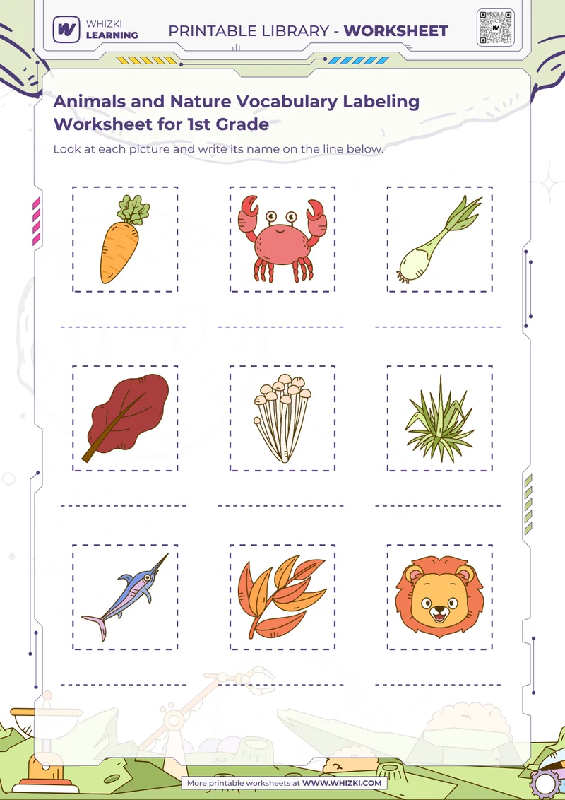 Animals and Nature Vocabulary Labeling Worksheet for 1st Grade