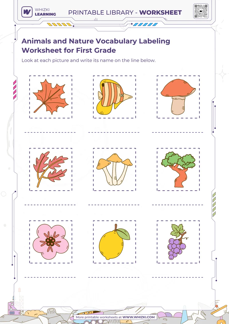 Animals and Nature Vocabulary Labeling Worksheet for First Grade