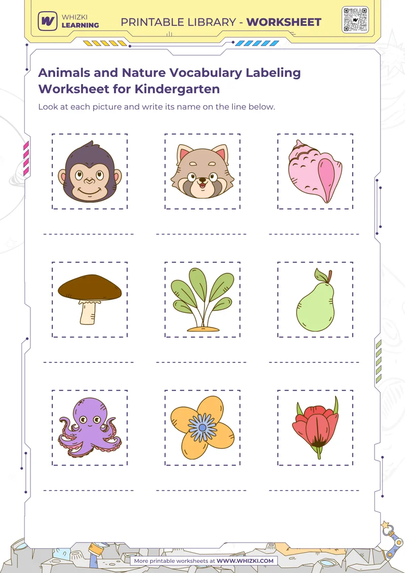 Animals and Nature Vocabulary Labeling Worksheet for Kindergarten