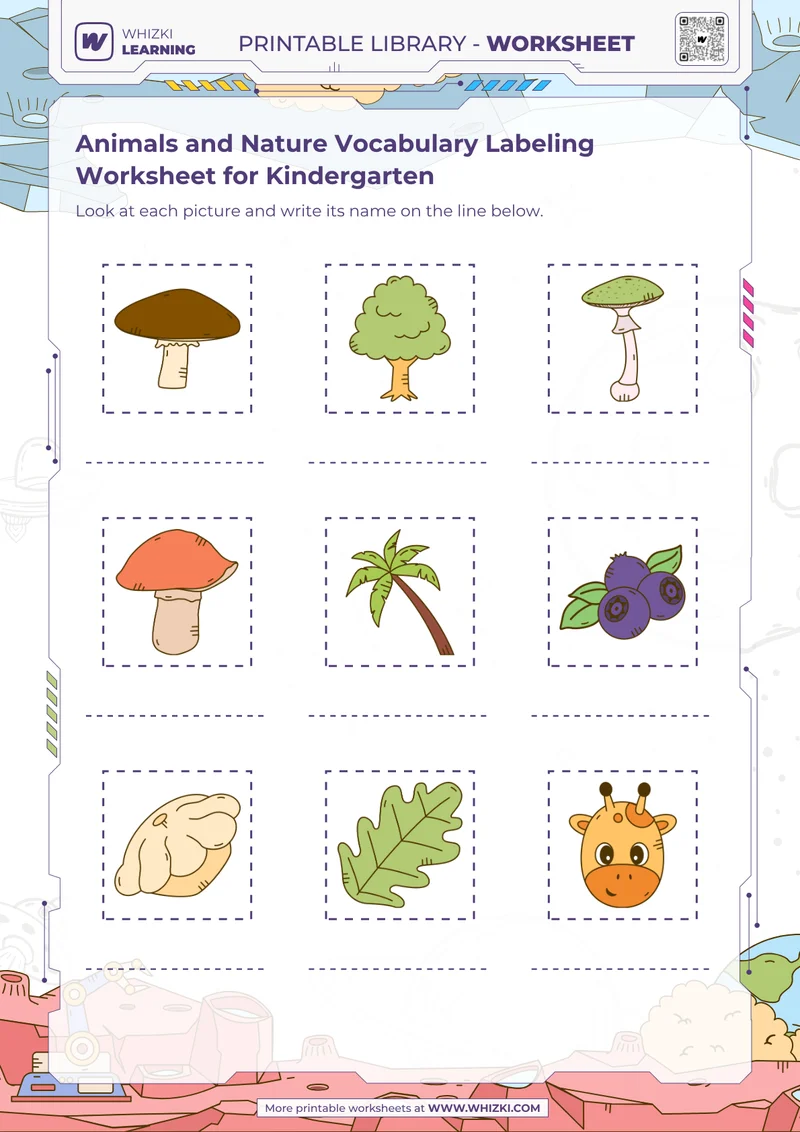 Animals and Nature Vocabulary Labeling Worksheet for Kindergarten