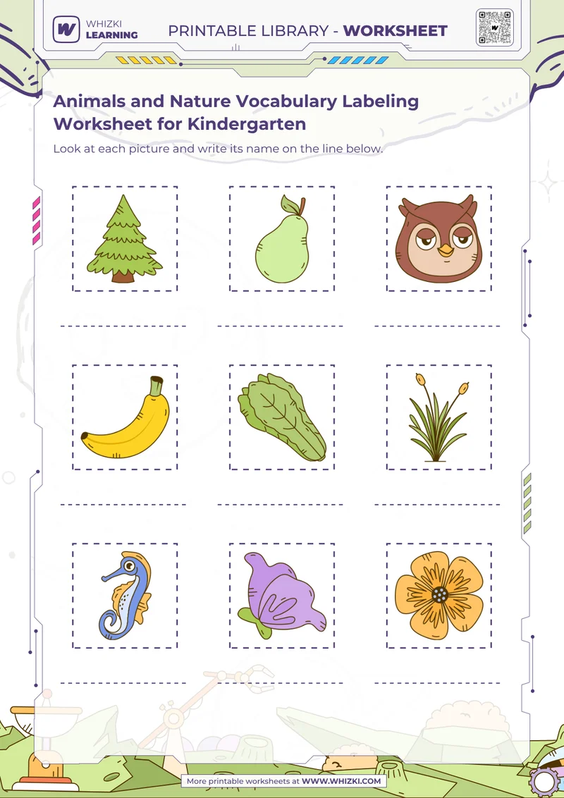 Animals and Nature Vocabulary Labeling Worksheet for Kindergarten