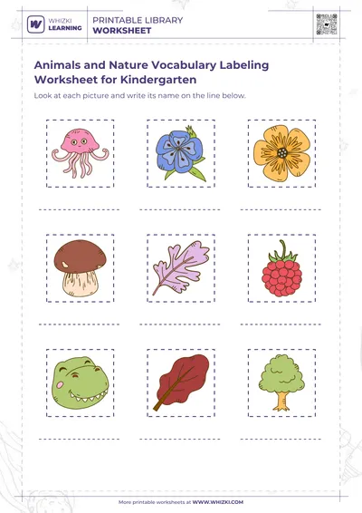 Animals and Nature Vocabulary Labeling Worksheet for Kindergarten