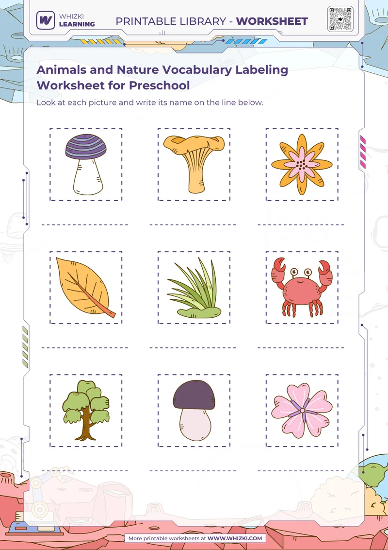 Animals and Nature Vocabulary Labeling Worksheet for Preschool