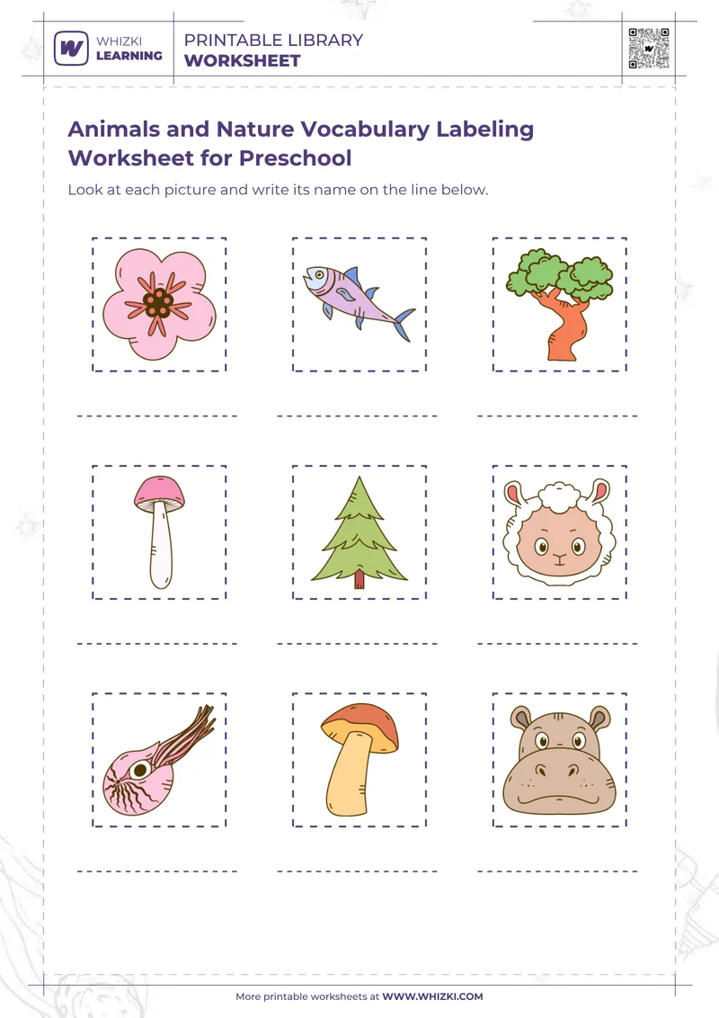 Animals and Nature Vocabulary Labeling Worksheet for Preschool