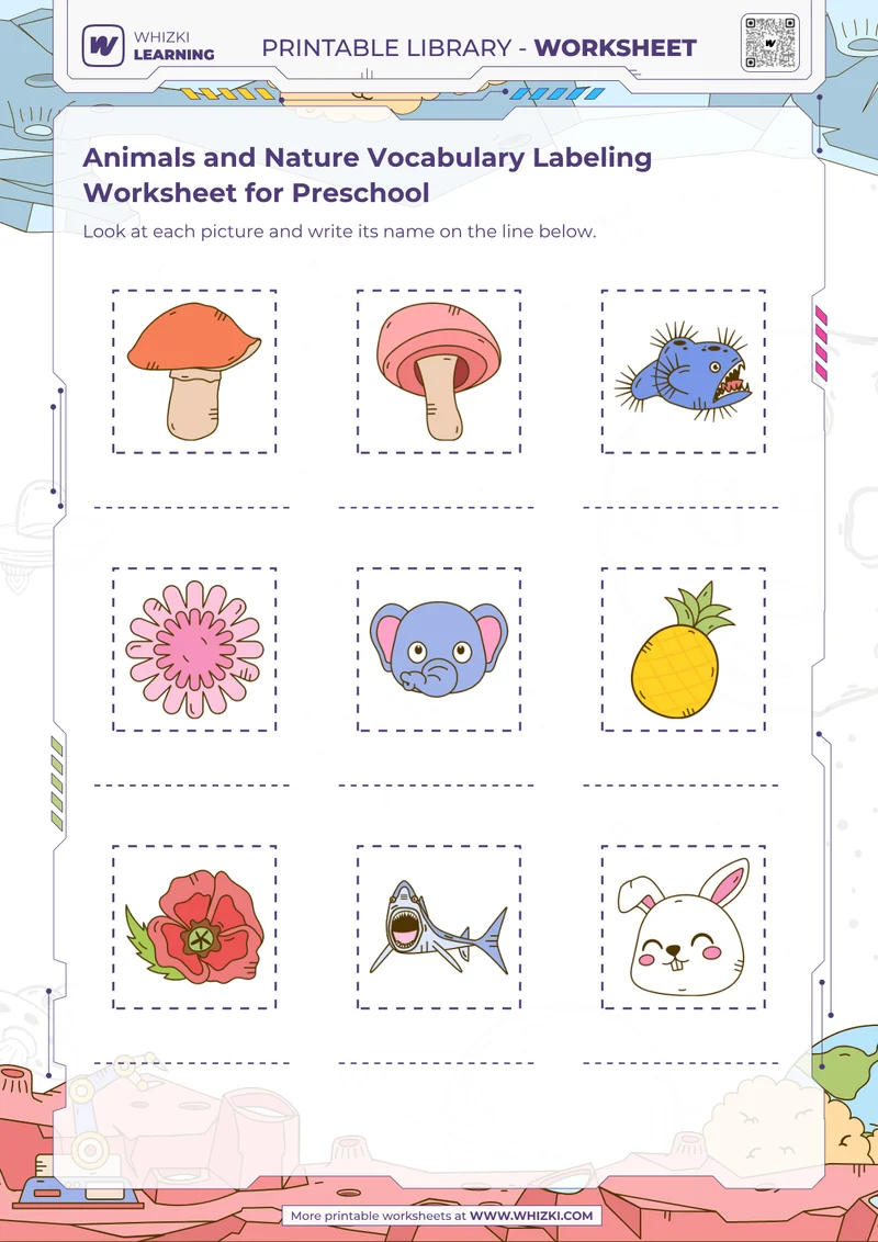 Animals and Nature Vocabulary Labeling Worksheet for Preschool