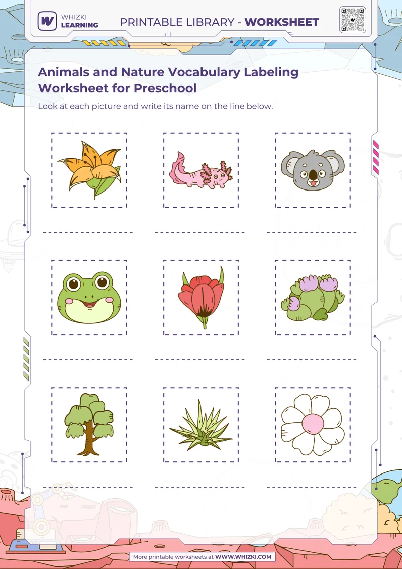 Animals and Nature Vocabulary Labeling Worksheet for Preschool