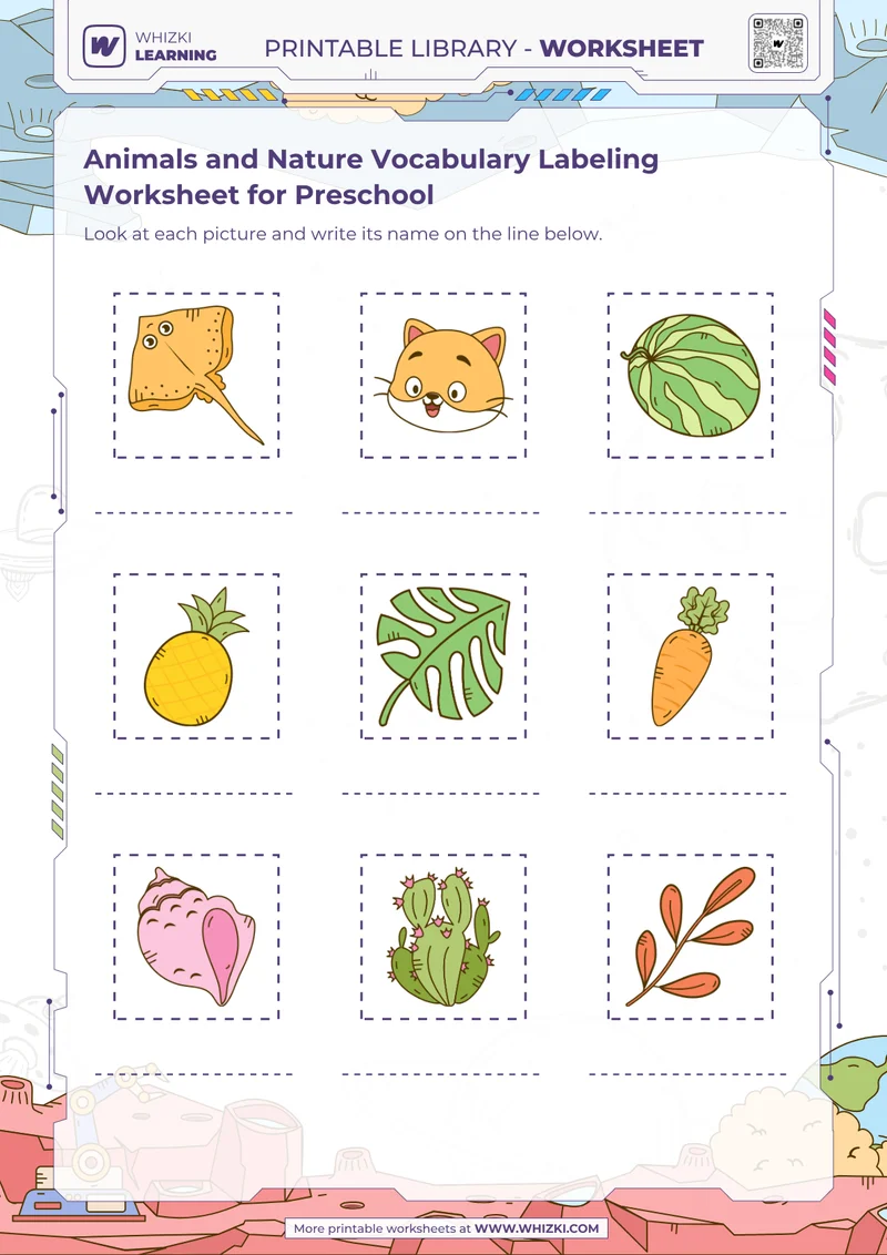 Animals and Nature Vocabulary Labeling Worksheet for Preschool