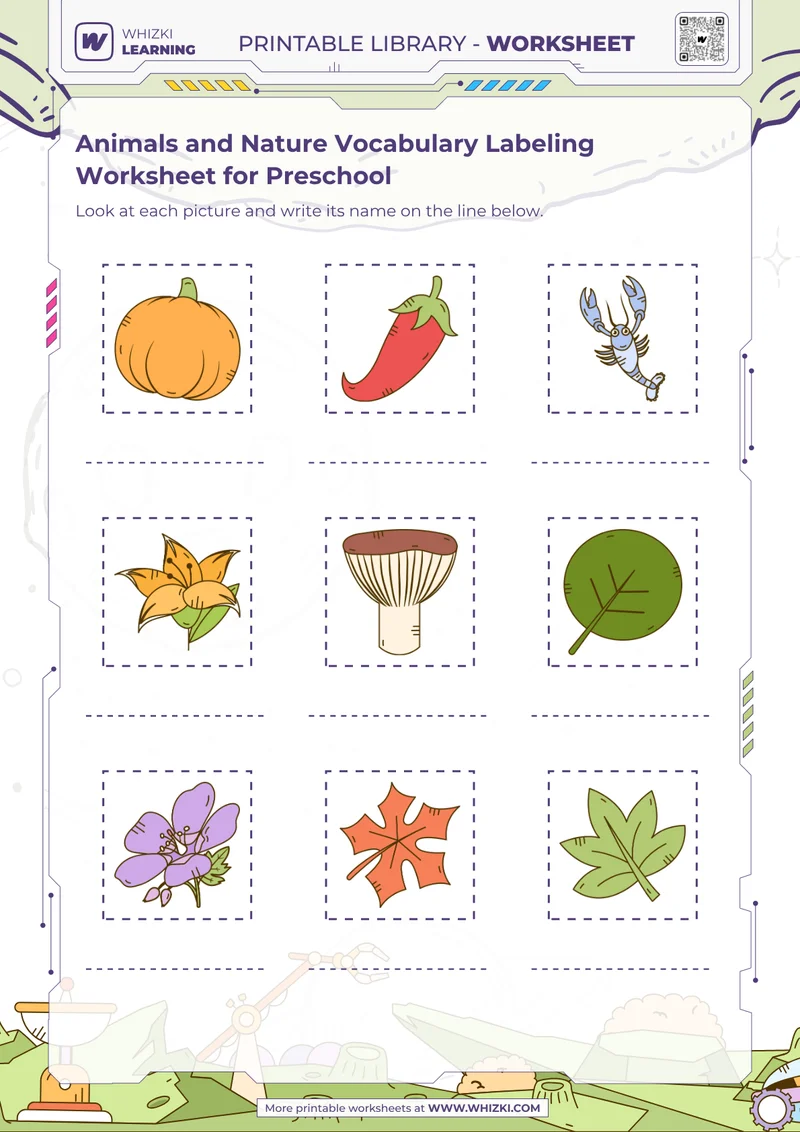 Animals and Nature Vocabulary Labeling Worksheet for Preschool
