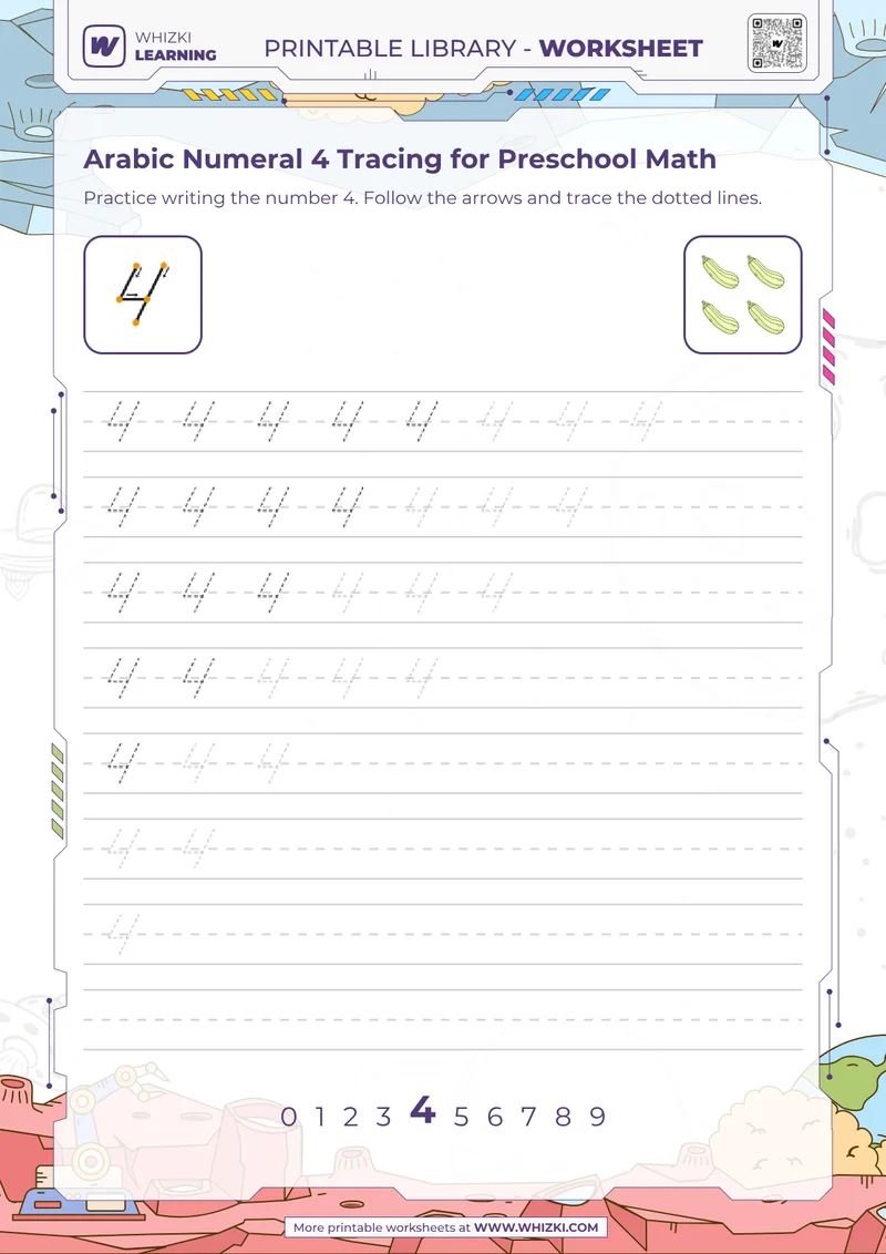 Arabic Numeral 4 Tracing for Preschool Math