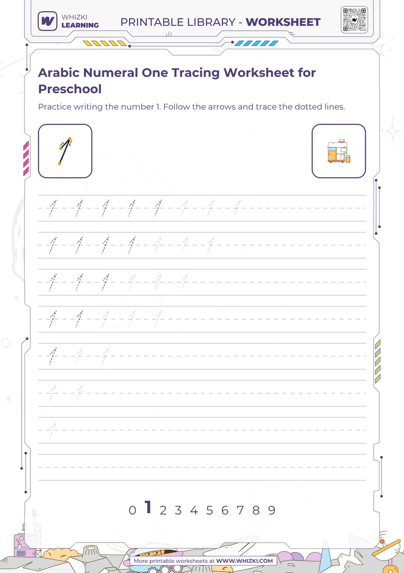 Arabic Numeral One Tracing Worksheet for Preschool