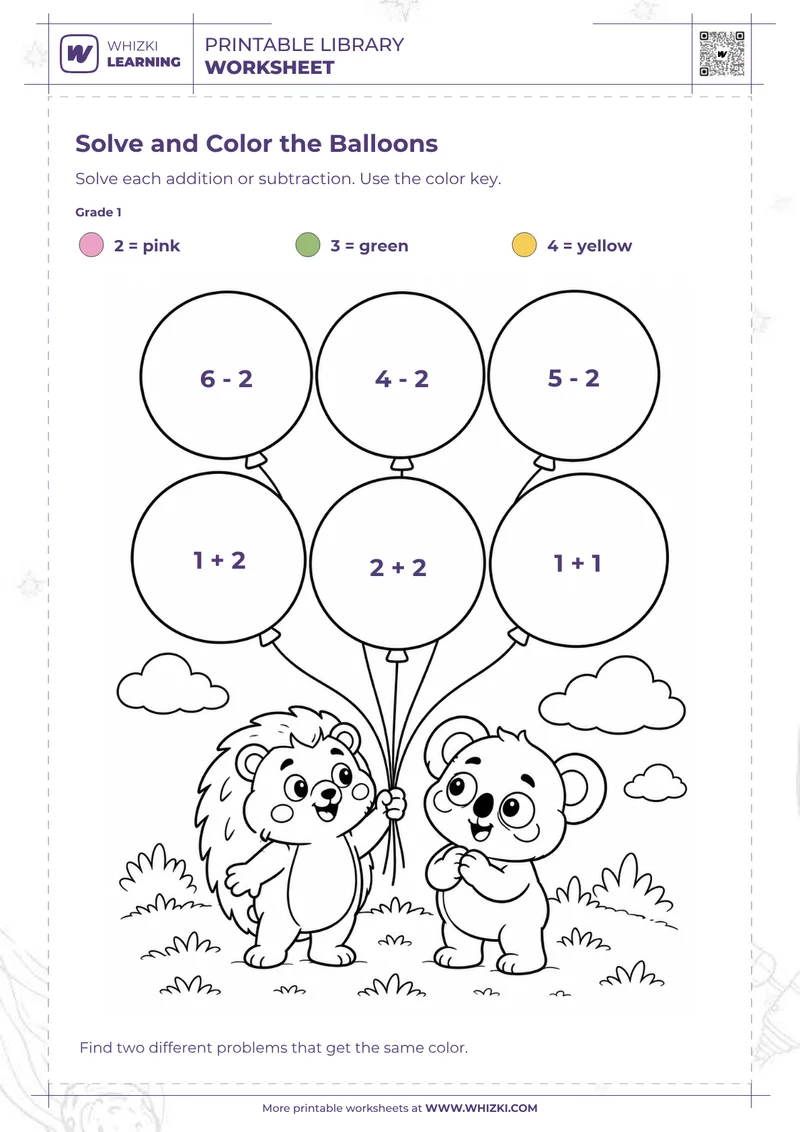 Balloon Addition and Subtraction Color by Code
