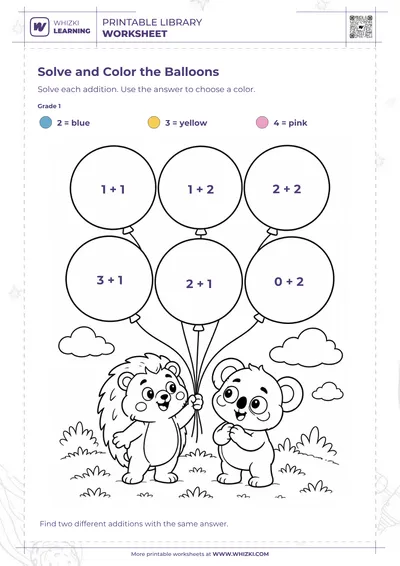 Balloon Addition Color by Code Worksheet