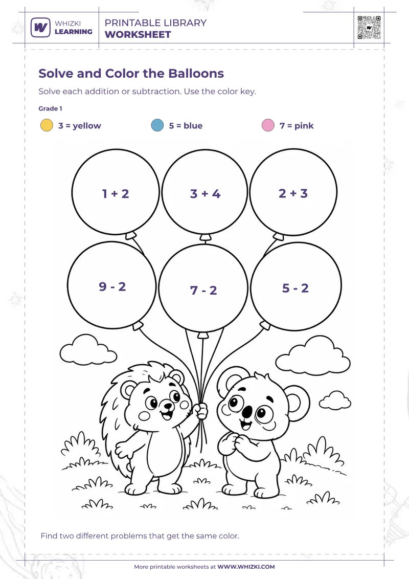 Balloons Addition and Subtraction Color by Code Worksheet