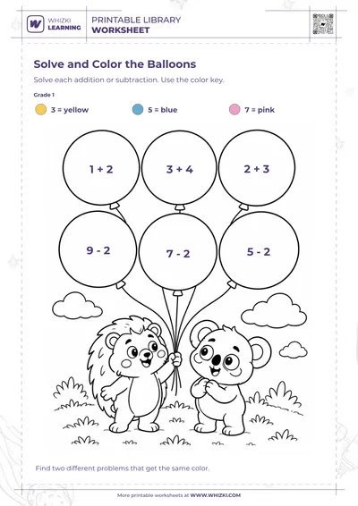 Balloons Addition and Subtraction Color by Code Worksheet