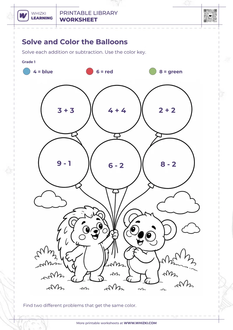 Balloons Color by Code Math Worksheet