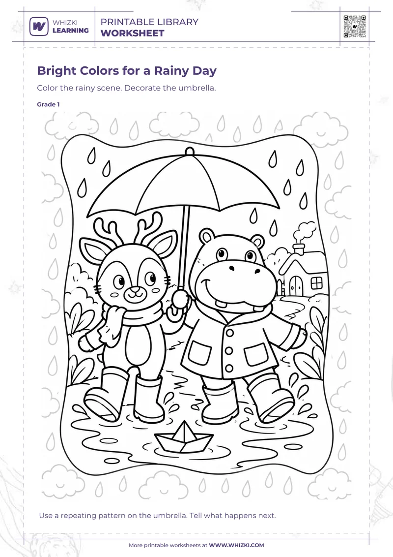 Bright Colors for a Rainy Day Story Coloring Worksheet