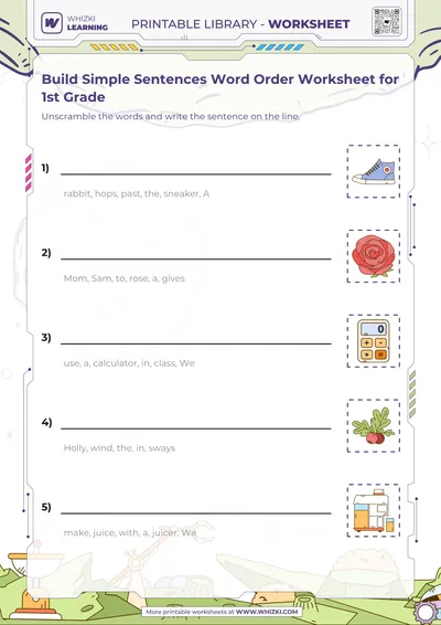 Build Simple Sentences Word Order Worksheet for 1st Grade