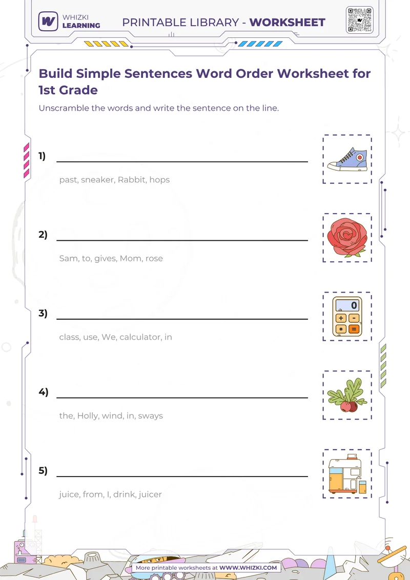 Build Simple Sentences Word Order Worksheet for 1st Grade