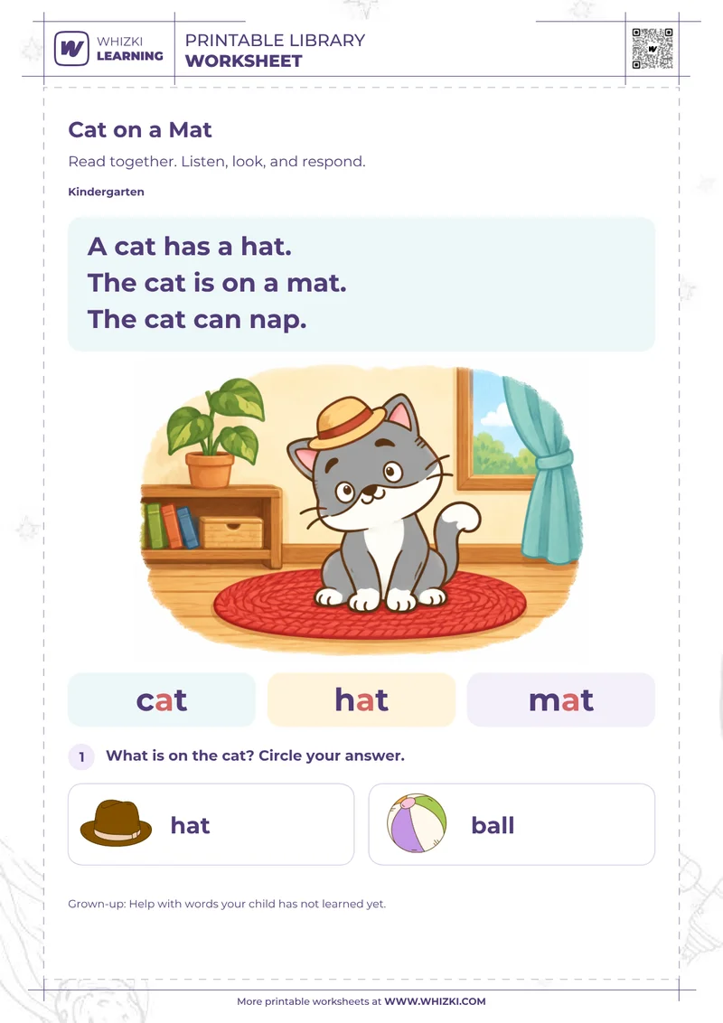 Cat on a Mat Short Vowel Story Worksheet