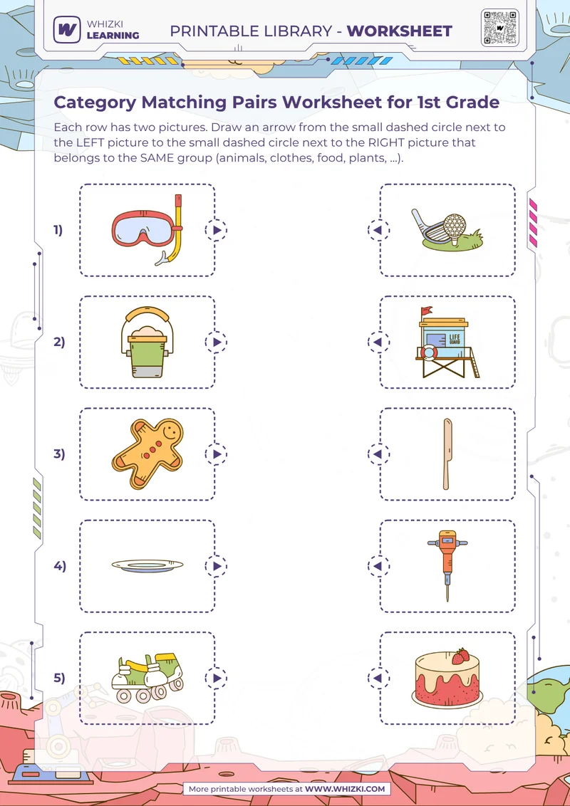 Category Matching Pairs Worksheet for 1st Grade