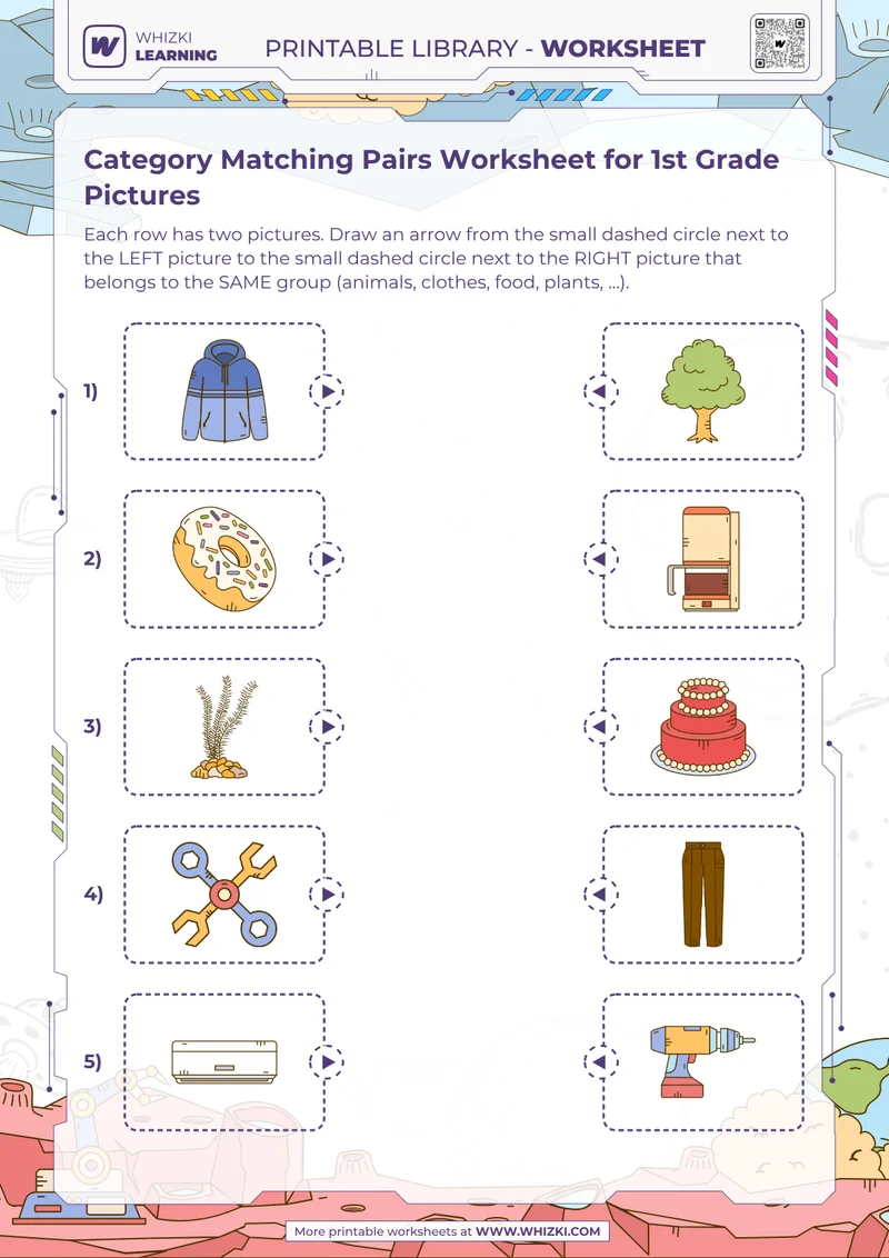 Category Matching Pairs Worksheet for 1st Grade Pictures