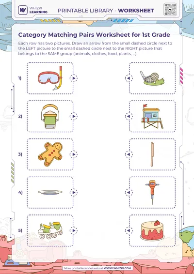 Category Matching Pairs Worksheet for 1st Grade