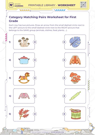 Category Matching Pairs Worksheet for First Grade