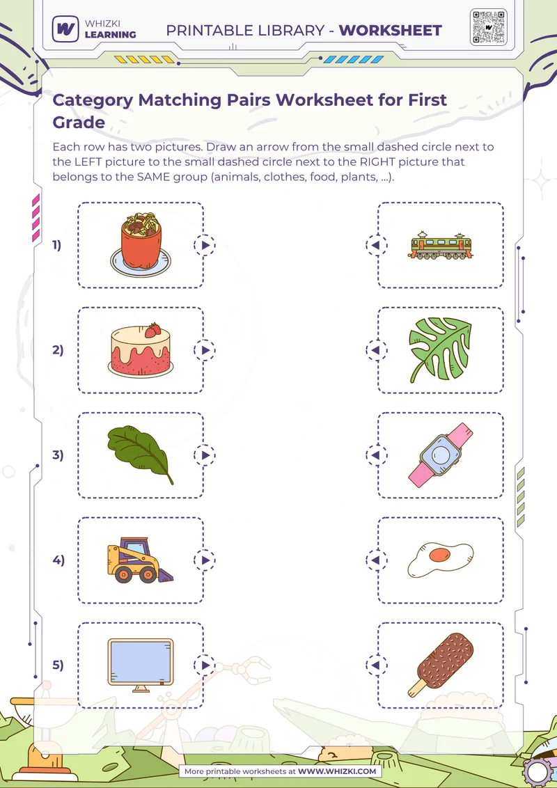 Category Matching Pairs Worksheet for First Grade