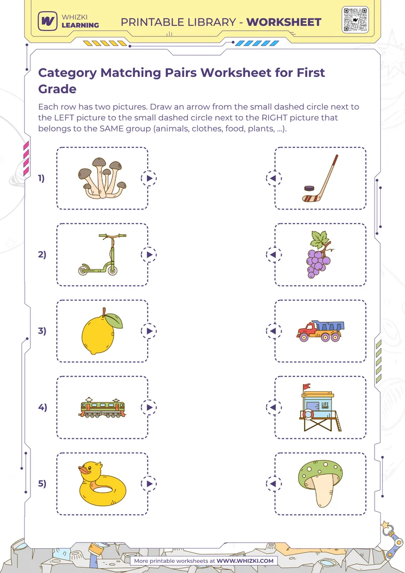 Category Matching Pairs Worksheet for First Grade