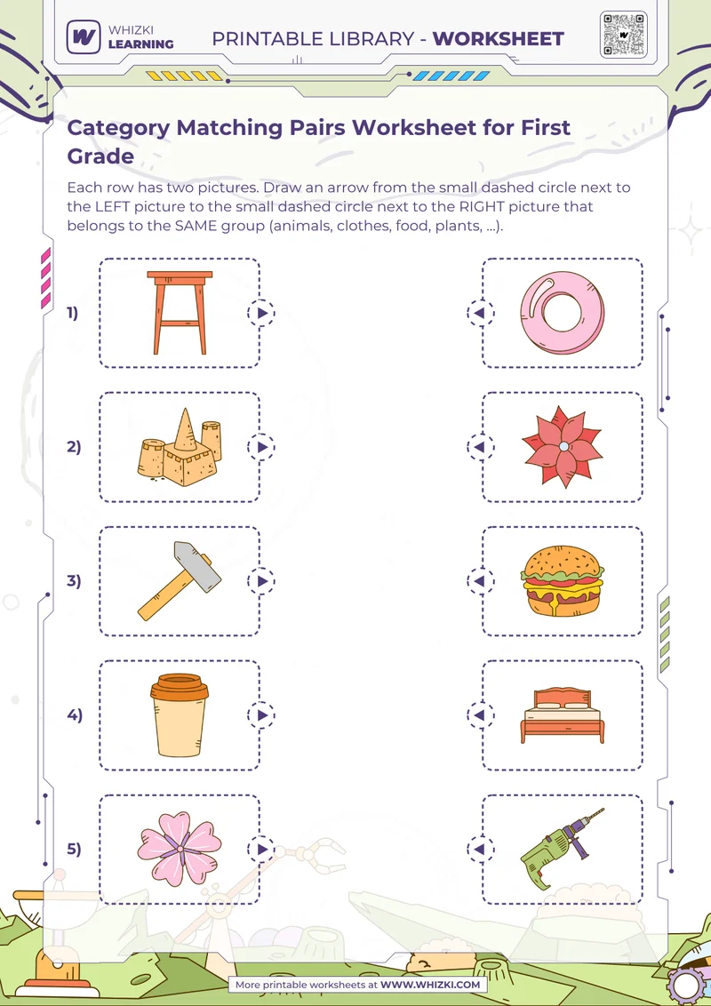 Category Matching Pairs Worksheet for First Grade
