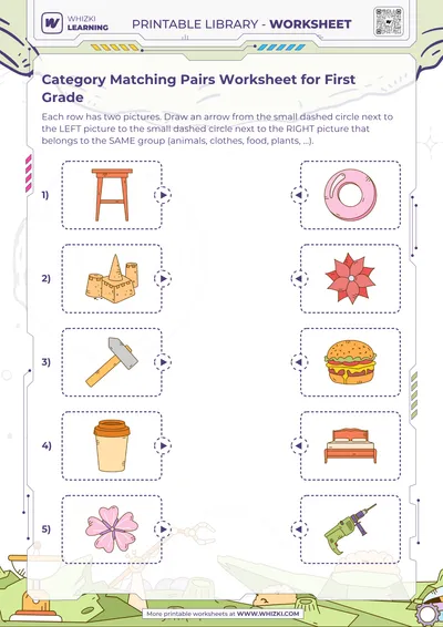 Category Matching Pairs Worksheet for First Grade