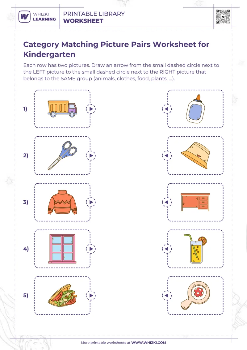 Category Matching Picture Pairs Worksheet for Kindergarten