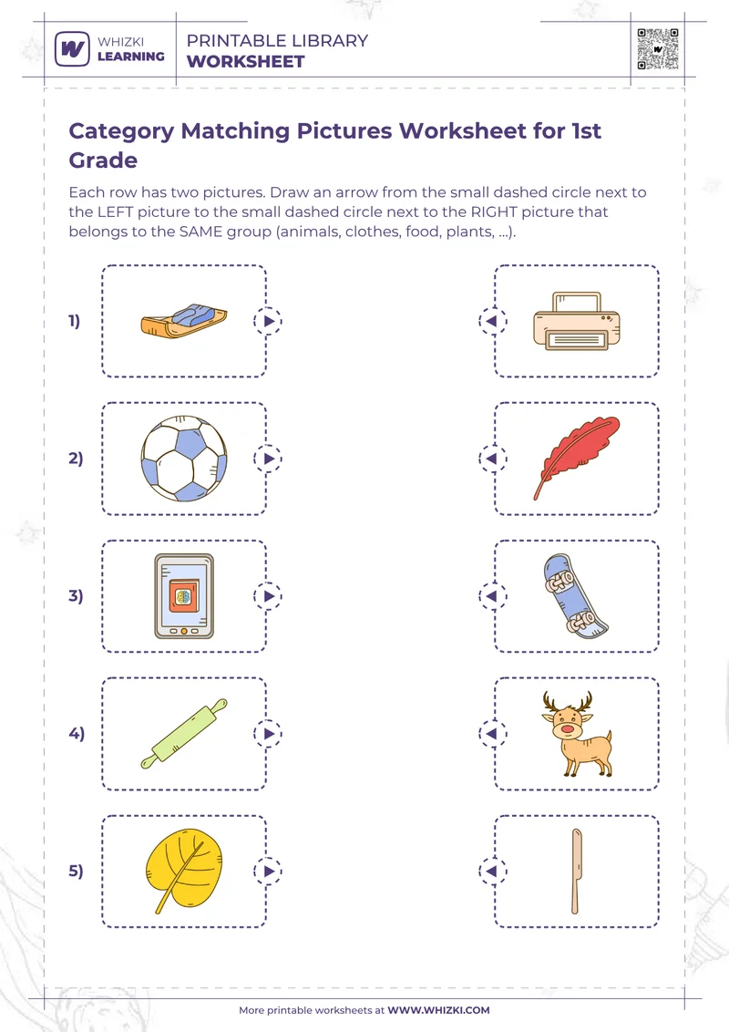 Category Matching Pictures Worksheet for 1st Grade