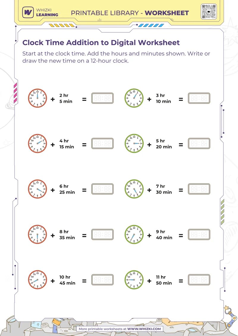 Clock Time Addition to Digital Worksheet
