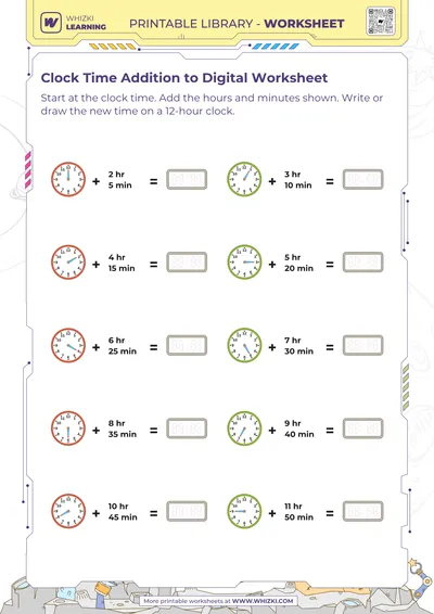 Clock Time Addition to Digital Worksheet
