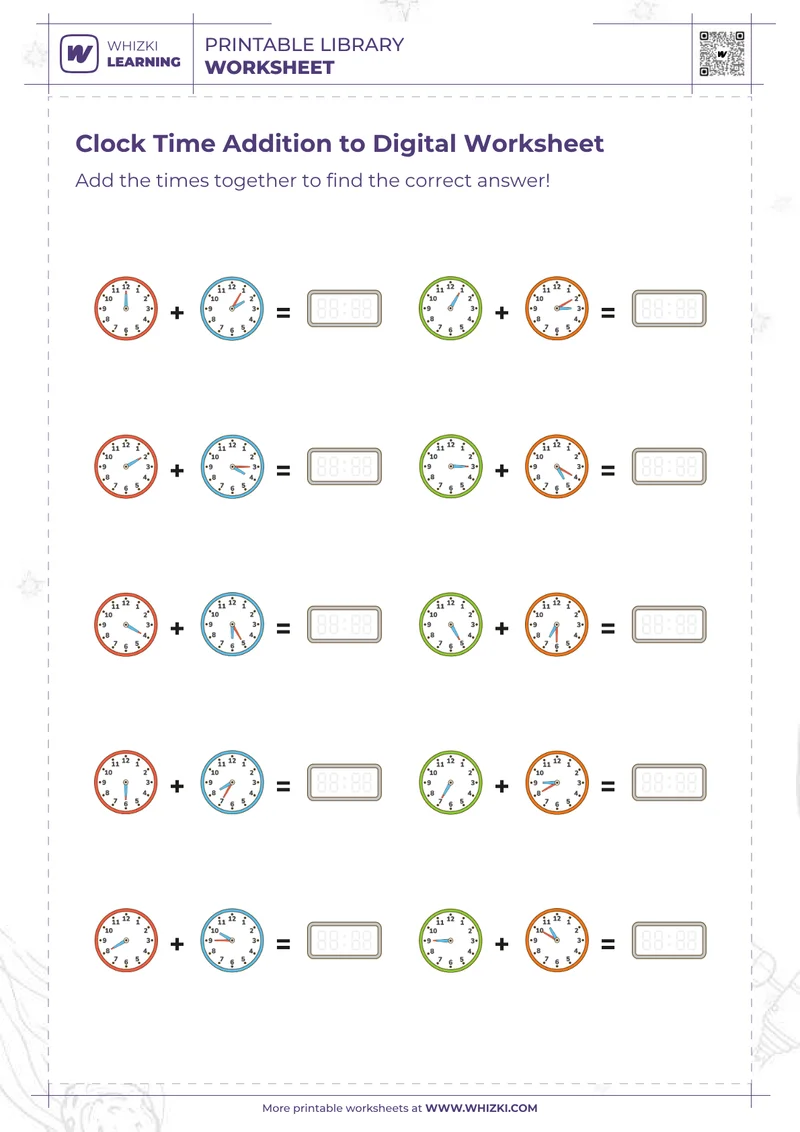 Clock Time Addition to Digital Worksheet