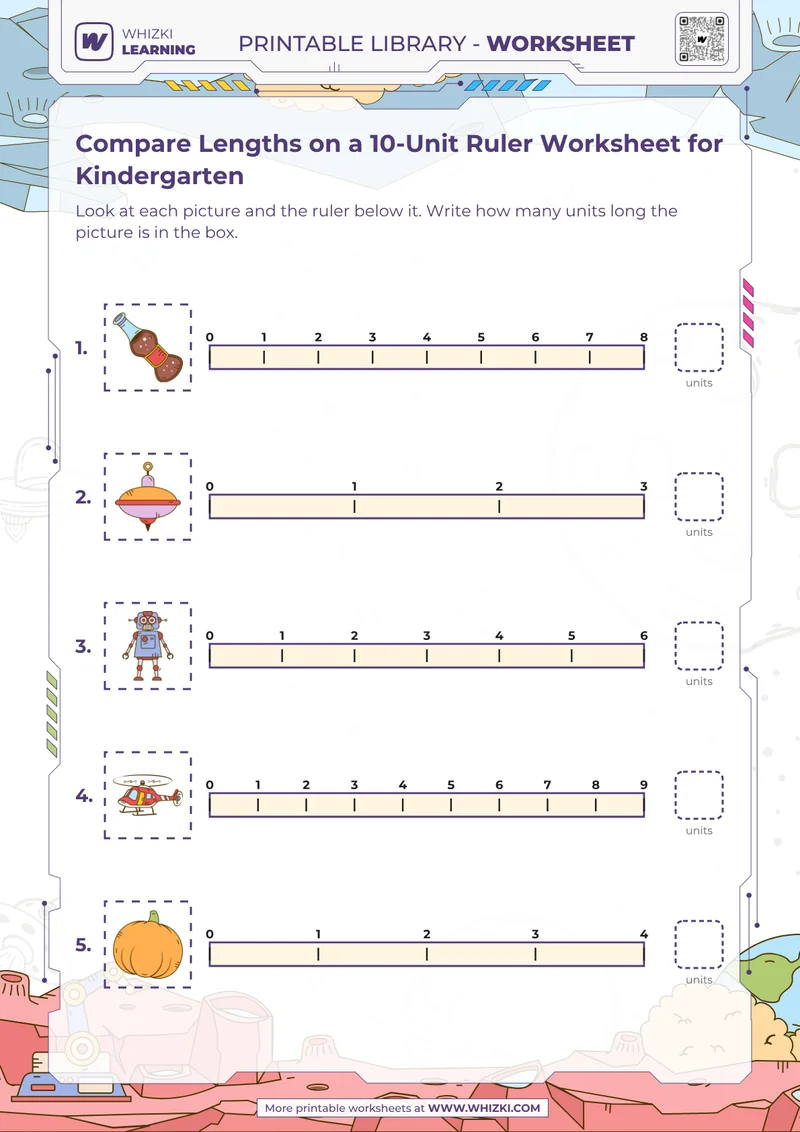 Compare Lengths on a 10-Unit Ruler Worksheet for Kindergarten