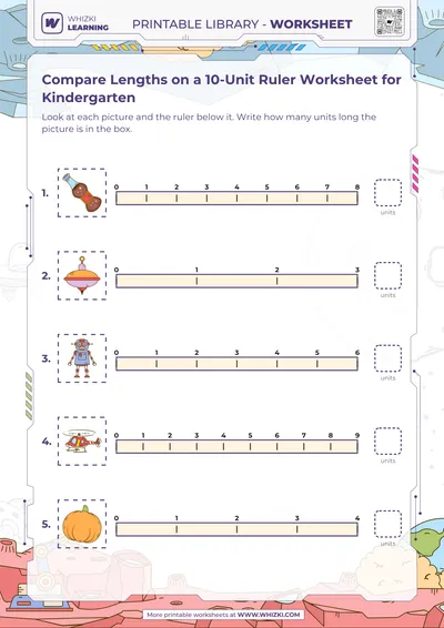 Compare Lengths on a 10-Unit Ruler Worksheet for Kindergarten