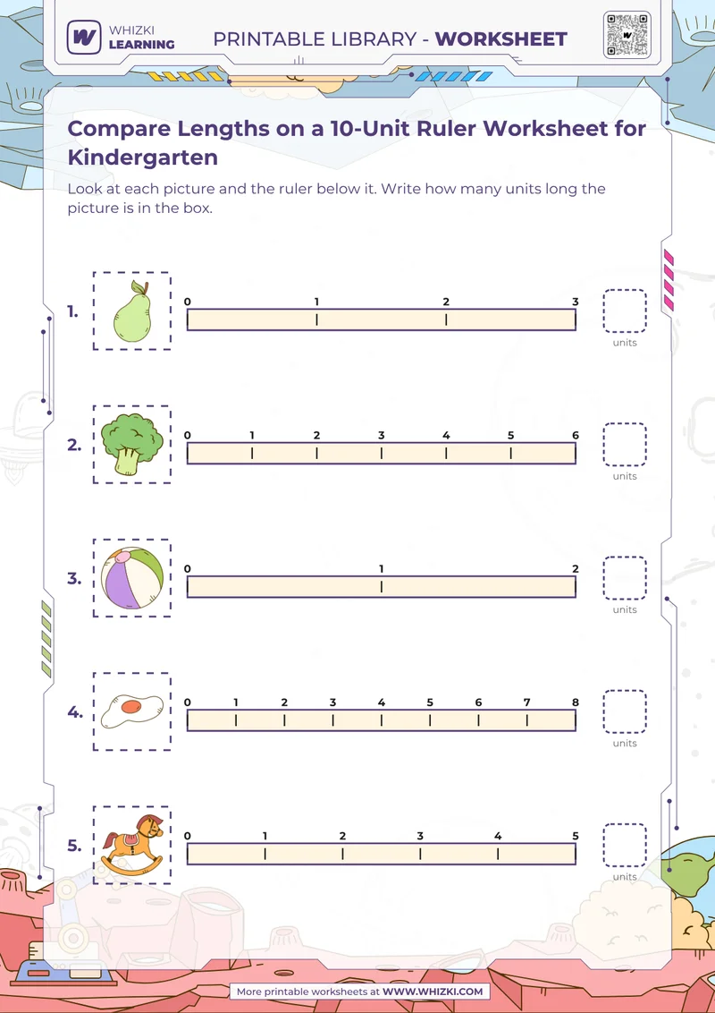 Compare Lengths on a 10-Unit Ruler Worksheet for Kindergarten