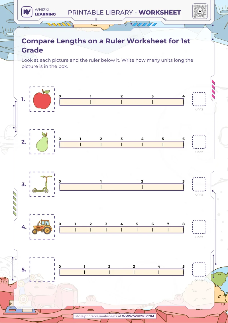Compare Lengths on a Ruler Worksheet for 1st Grade