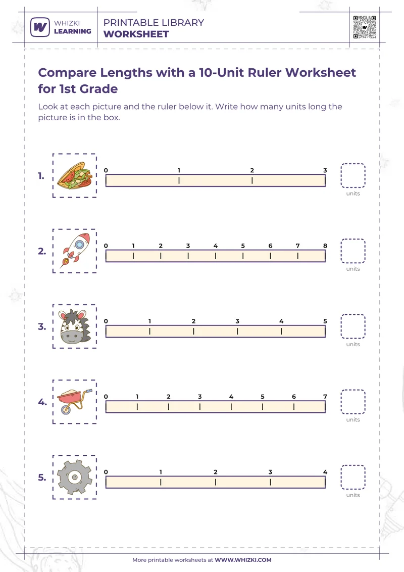 Compare Lengths with a 10-Unit Ruler Worksheet for 1st Grade