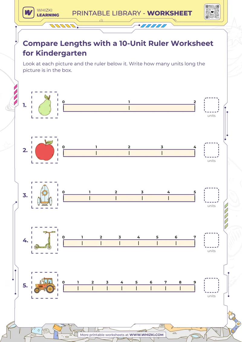 Compare Lengths with a 10-Unit Ruler Worksheet for Kindergarten