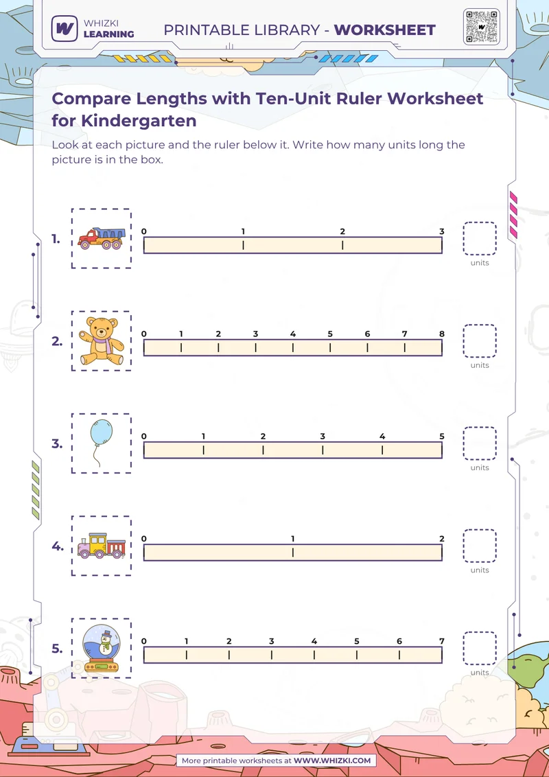 Compare Lengths with Ten-Unit Ruler Worksheet for Kindergarten