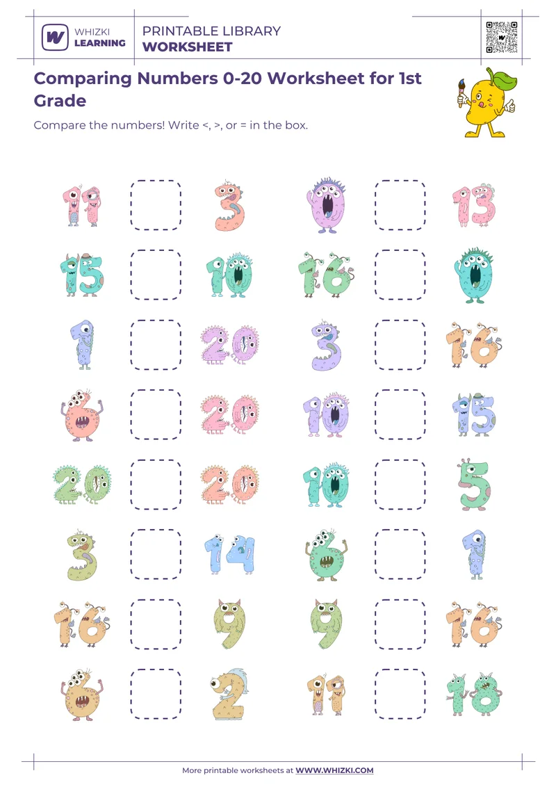 Comparing Numbers 0-20 Worksheet for 1st Grade