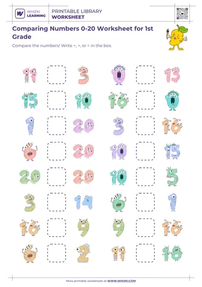 Comparing Numbers 0-20 Worksheet for 1st Grade