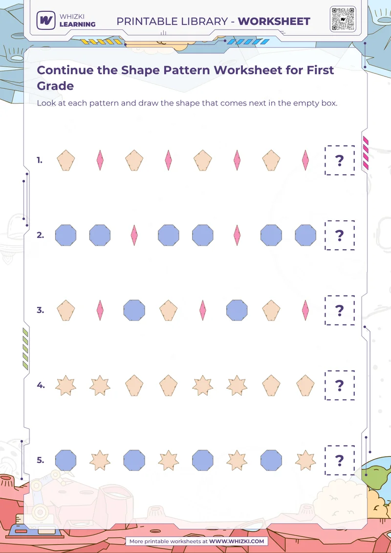 Continue the Shape Pattern Worksheet for First Grade