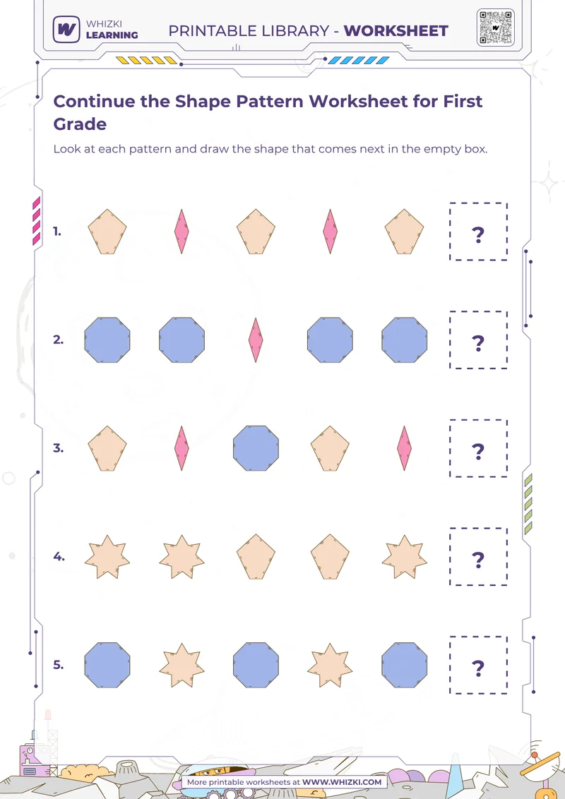 Continue the Shape Pattern Worksheet for First Grade